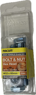 MACSIM HIGH TENSILE GRADE 8.8 HEX HEAD ZINC PLATED BOLT &NUT M12x60MM (BLISTER PACK OF 2)