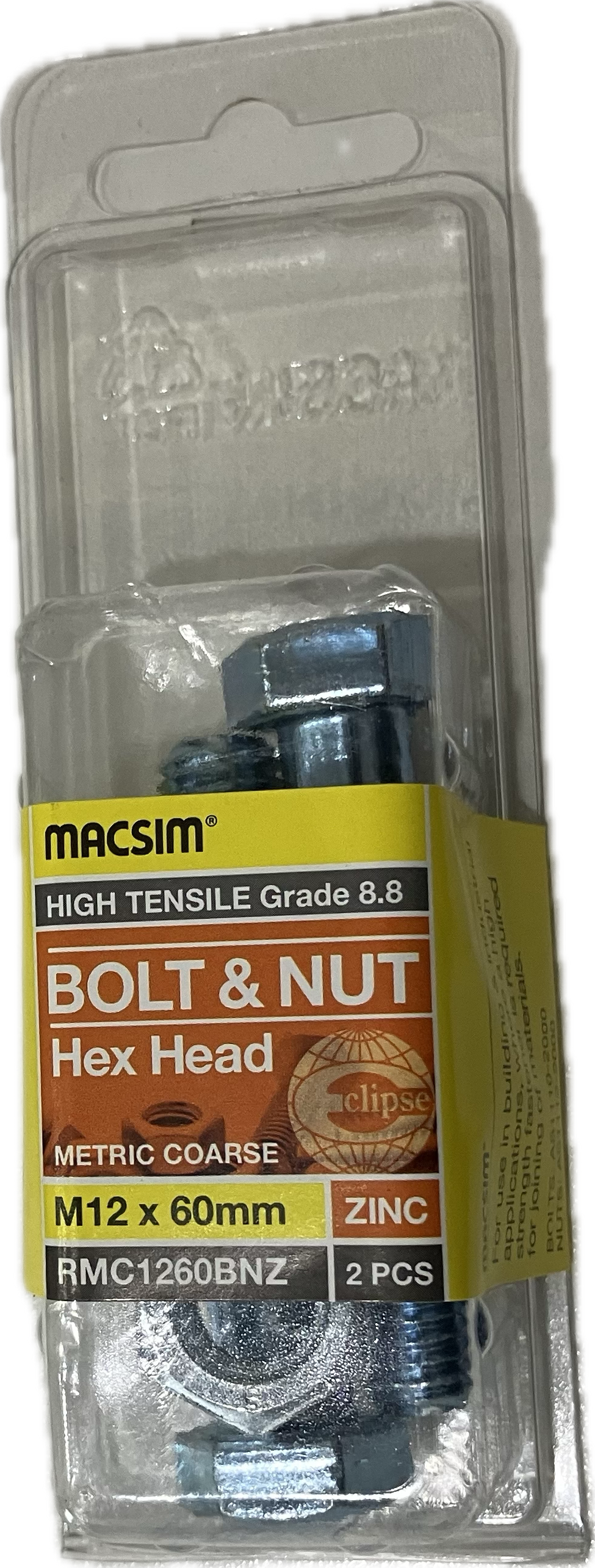 MACSIM HIGH TENSILE GRADE 8.8 HEX HEAD ZINC PLATED BOLT &NUT M12x60MM (BLISTER PACK OF 2)