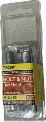 MACSIM HIGH TENSILE GRADE 8.8 HEX HEAD ZINC PLATED BOLT &NUT M12x65MM (BLISTER PACK OF 2)