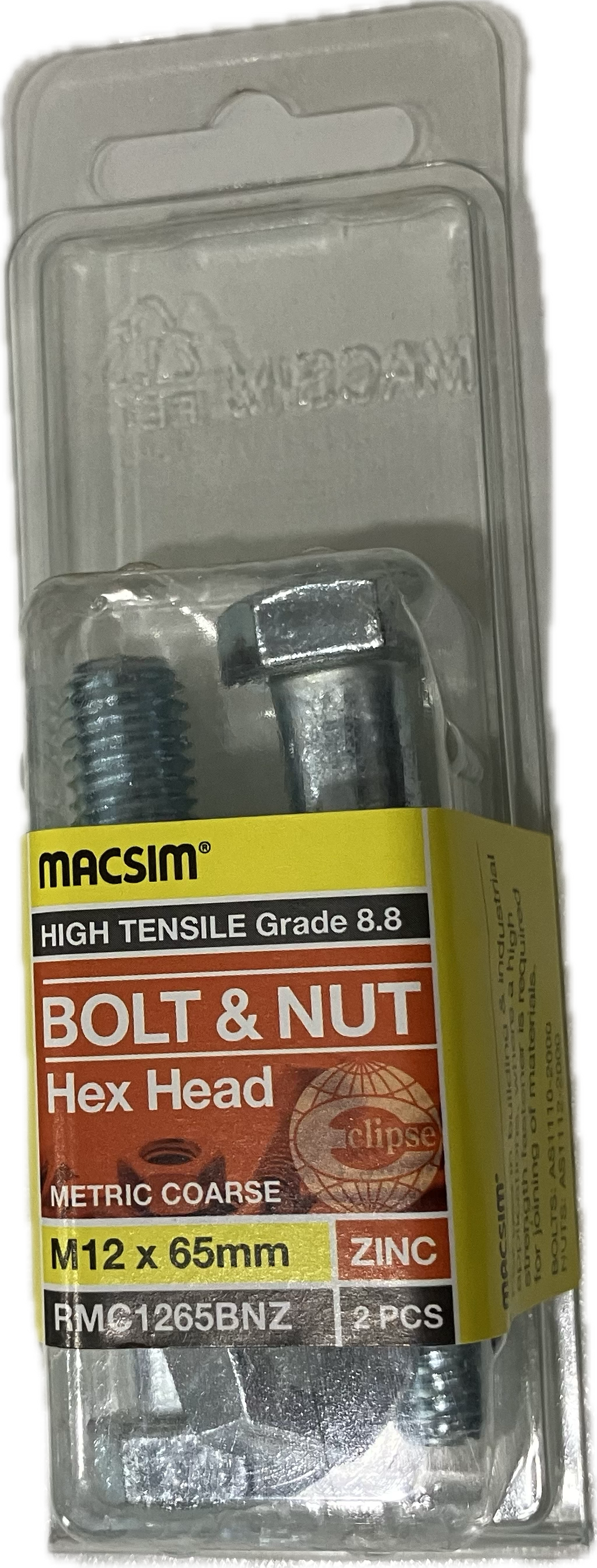 MACSIM HIGH TENSILE GRADE 8.8 HEX HEAD ZINC PLATED BOLT &NUT M12x65MM (BLISTER PACK OF 2)