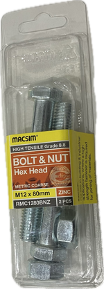MACSIM HIGH TENSILE GRADE 8.8 HEX HEAD ZINC PLATED BOLT &NUT M12x80MM (BLISTER PACK OF 2)
