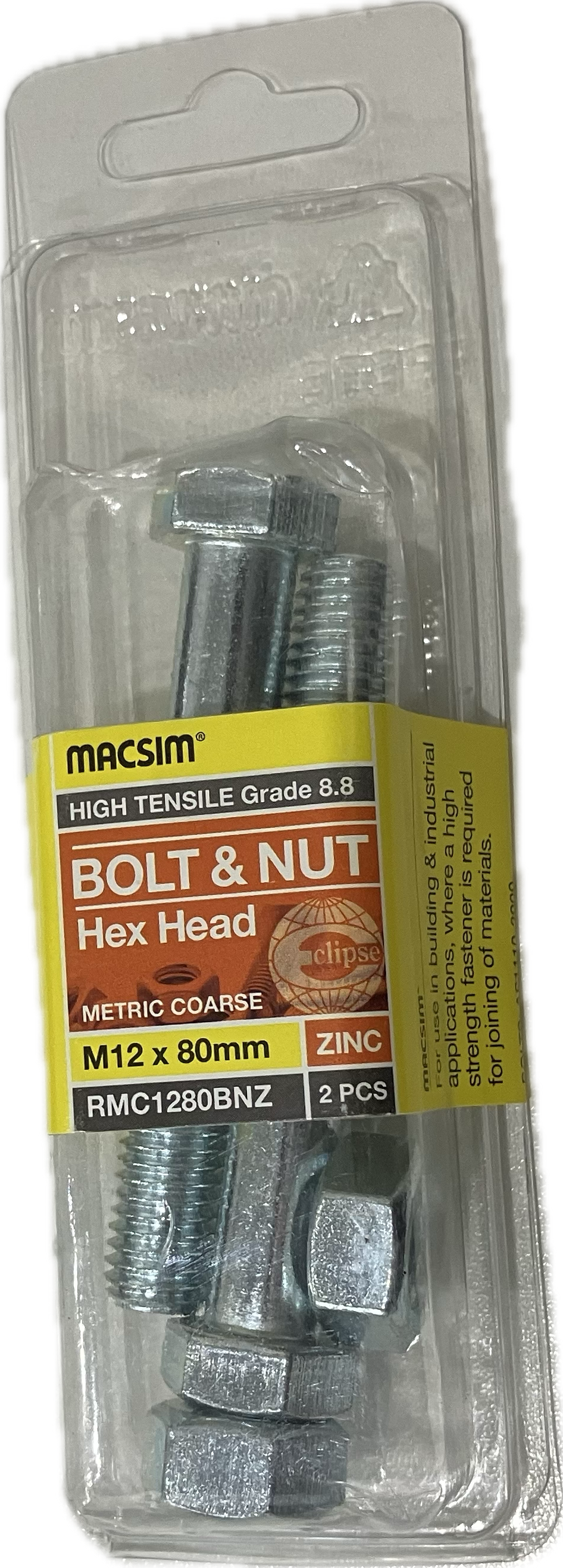MACSIM HIGH TENSILE GRADE 8.8 HEX HEAD ZINC PLATED BOLT &NUT M12x80MM (BLISTER PACK OF 2)