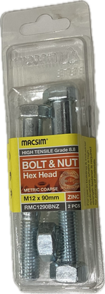 MACSIM HIGH TENSILE GRADE 8.8 HEX HEAD ZINC PLATED BOLT &NUT M12x90MM (BLISTER PACK OF 2)