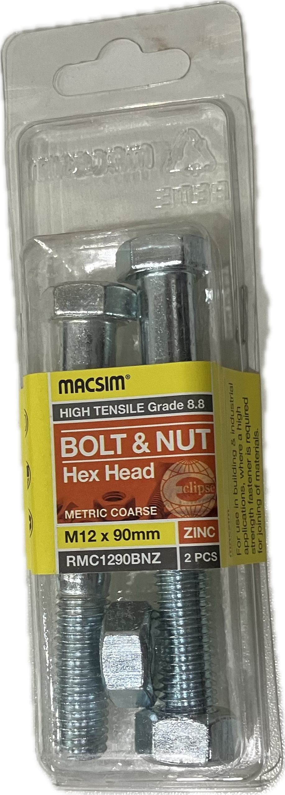 MACSIM HIGH TENSILE GRADE 8.8 HEX HEAD ZINC PLATED BOLT &NUT M12x90MM (BLISTER PACK OF 2)