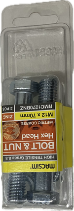 MACSIM HIGH TENSILE GRADE 8.8 HEX HEAD ZINC PLATED BOLT &NUT M12x70MM (BLISTER PACK OF 2)