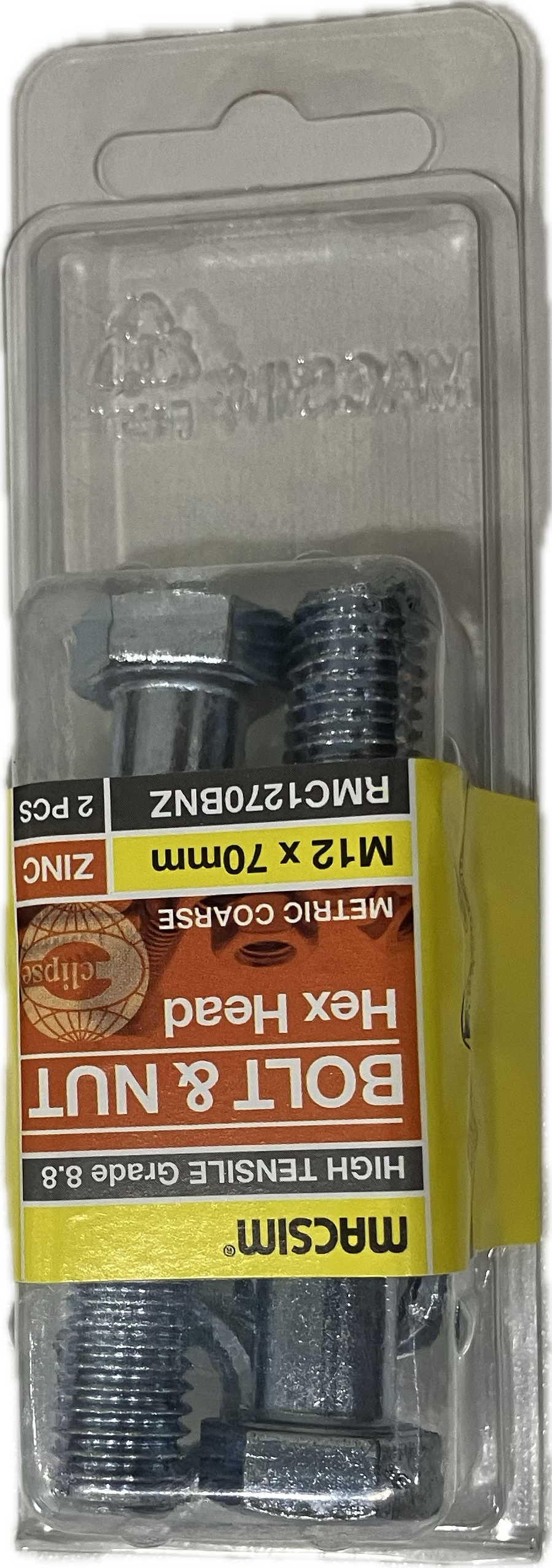 MACSIM HIGH TENSILE GRADE 8.8 HEX HEAD ZINC PLATED BOLT &NUT M12x70MM (BLISTER PACK OF 2)