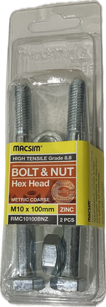MACSIM HIGH TENSILE GRADE 8.8 HEX HEAD ZINC PLATED BOLT &NUT M10x100MM (BLISTER PACK OF 2)