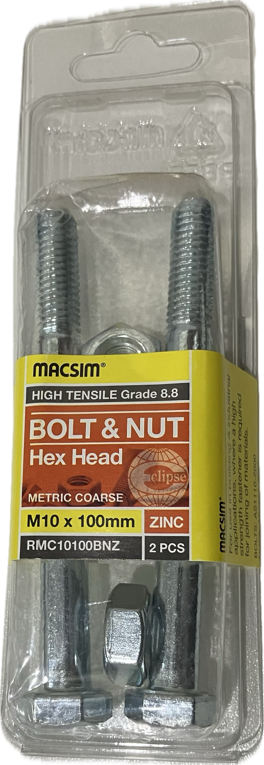 MACSIM HIGH TENSILE GRADE 8.8 HEX HEAD ZINC PLATED BOLT &NUT M10x100MM (BLISTER PACK OF 2)