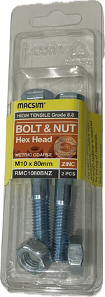 MACSIM HIGH TENSILE GRADE 8.8 HEX HEAD ZINC PLATED BOLT &NUT M10x80MM (BLISTER PACK OF 2)
