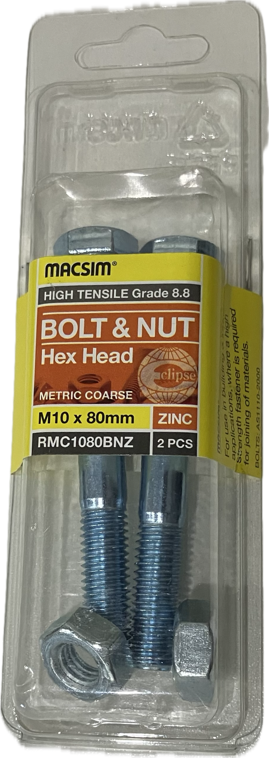 MACSIM HIGH TENSILE GRADE 8.8 HEX HEAD ZINC PLATED BOLT &NUT M10x80MM (BLISTER PACK OF 2)