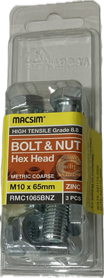 MACSIM HIGH TENSILE GRADE 8.8 HEX HEAD ZINC PLATED BOLT &NUT M10x65MM (BLISTER PACK OF 3)