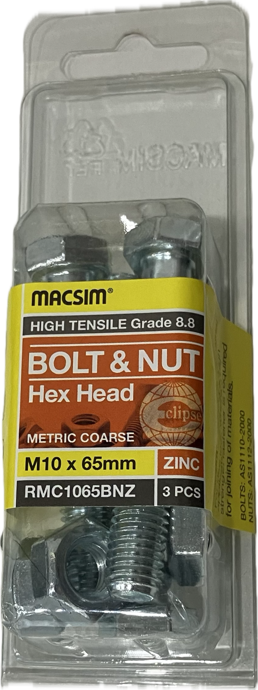 MACSIM HIGH TENSILE GRADE 8.8 HEX HEAD ZINC PLATED BOLT &NUT M10x65MM (BLISTER PACK OF 3)