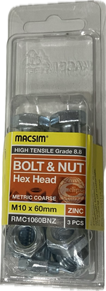 MACSIM HIGH TENSILE GRADE 8.8 HEX HEAD ZINC PLATED BOLT &NUT M10x60MM (BLISTER PACK OF 3)