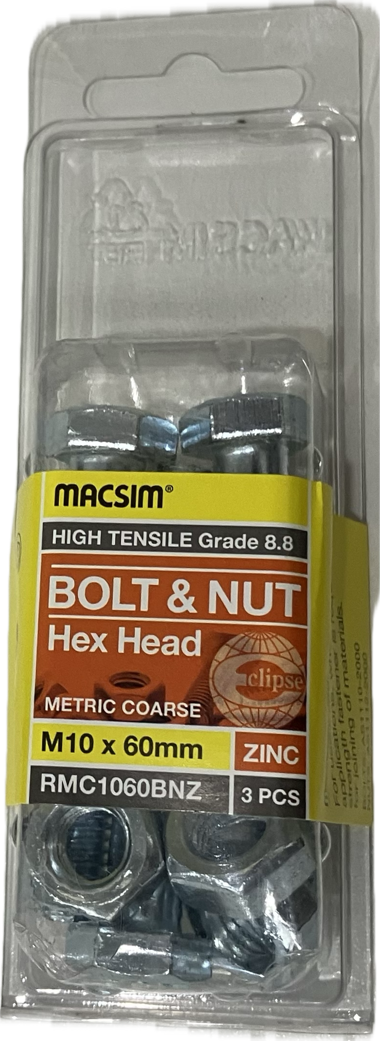 MACSIM HIGH TENSILE GRADE 8.8 HEX HEAD ZINC PLATED BOLT &NUT M10x60MM (BLISTER PACK OF 3)