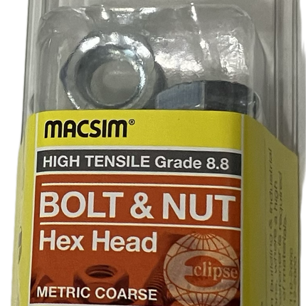 MACSIM HIGH TENSILE GRADE 8.8 HEX HEAD ZINC PLATED BOLT &NUT M10x50MM (BLISTER PACK OF 4)