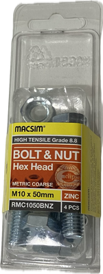 MACSIM HIGH TENSILE GRADE 8.8 HEX HEAD ZINC PLATED BOLT &NUT M10x50MM (BLISTER PACK OF 4)