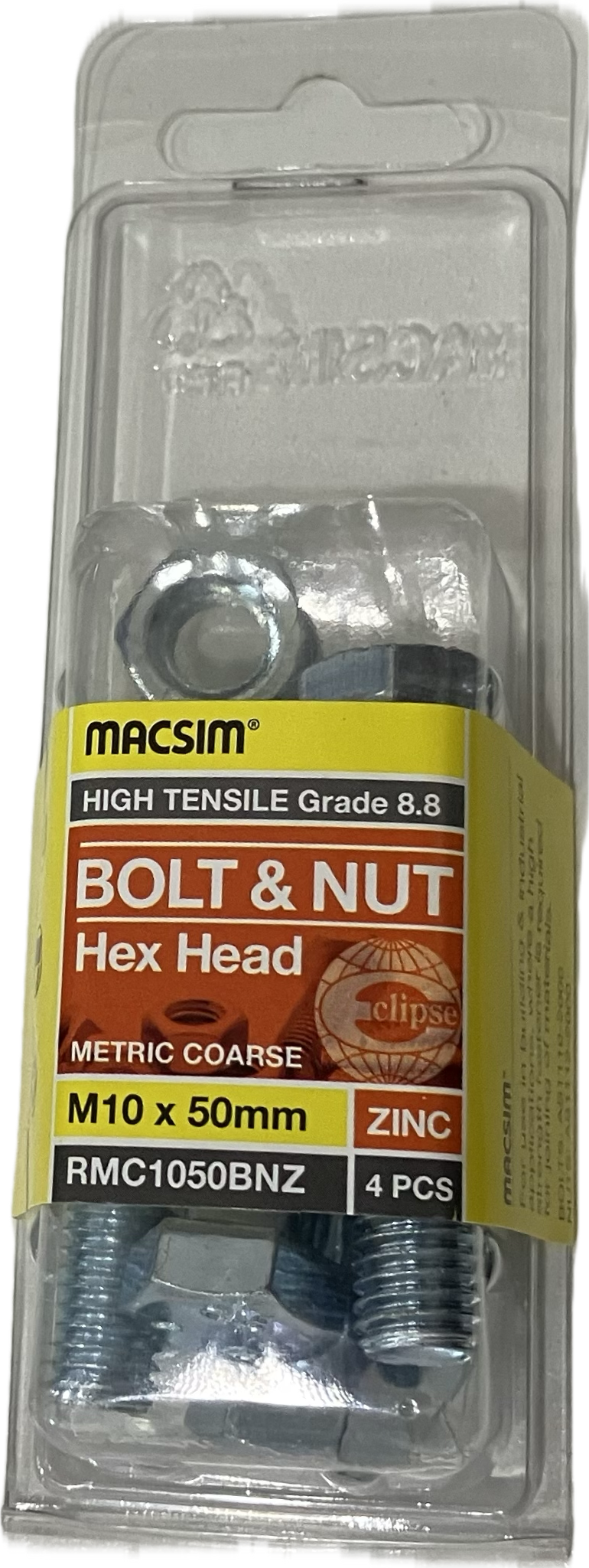 MACSIM HIGH TENSILE GRADE 8.8 HEX HEAD ZINC PLATED BOLT &NUT M10x50MM (BLISTER PACK OF 4)