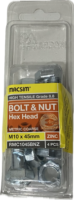 MACSIM HIGH TENSILE GRADE 8.8 HEX HEAD ZINC PLATED BOLT &NUT M10x45MM (BLISTER PACK OF 4)