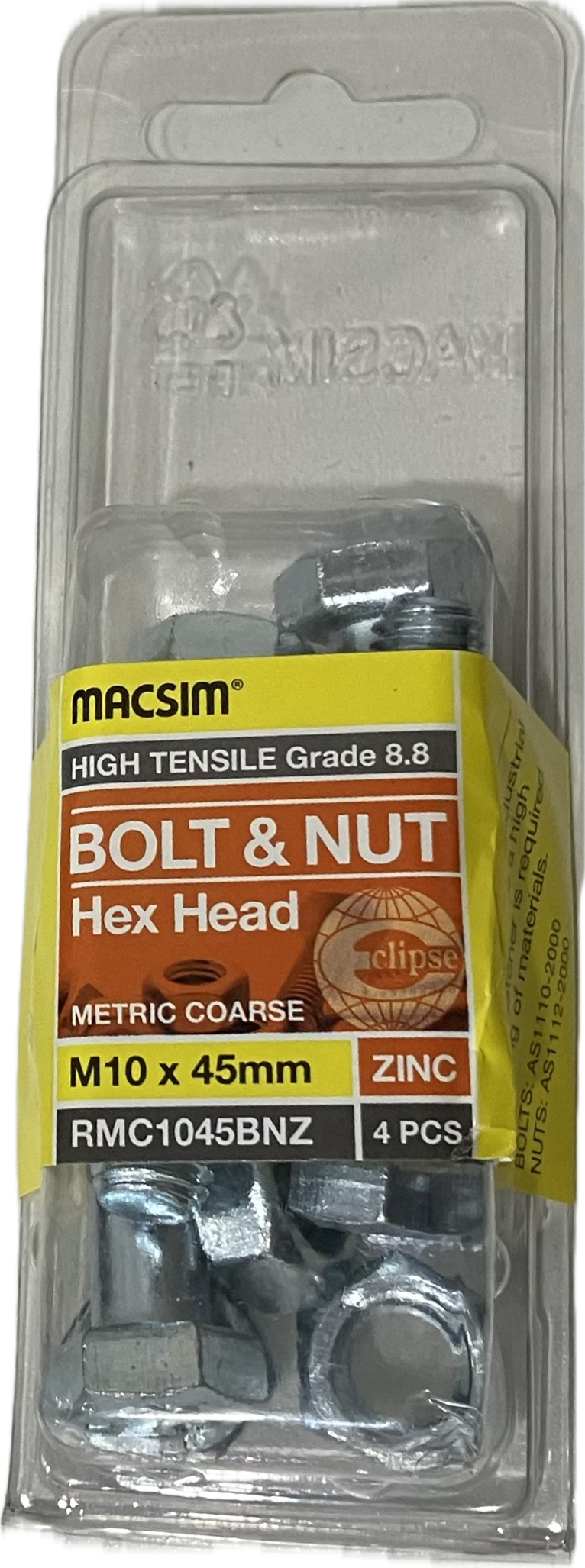 MACSIM HIGH TENSILE GRADE 8.8 HEX HEAD ZINC PLATED BOLT &NUT M10x45MM (BLISTER PACK OF 4)