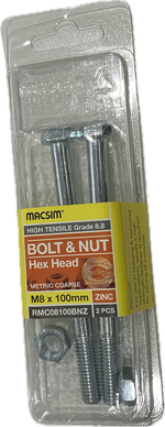 MACSIM HIGH TENSILE GRADE 8.8 HEX HEAD ZINC PLATED BOLT &NUT M8x100MM (BLISTER PACK OF 2)