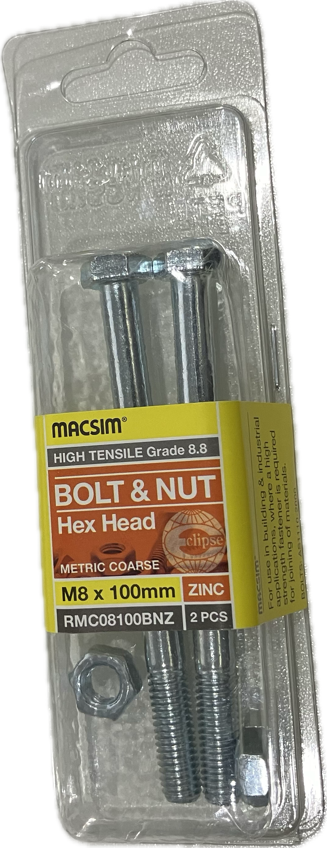 MACSIM HIGH TENSILE GRADE 8.8 HEX HEAD ZINC PLATED BOLT &NUT M8x100MM (BLISTER PACK OF 2)