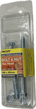 MACSIM HIGH TENSILE GRADE 8.8 HEX HEAD ZINC PLATED BOLT &NUT M8x80MM (BLISTER PACK OF 2)