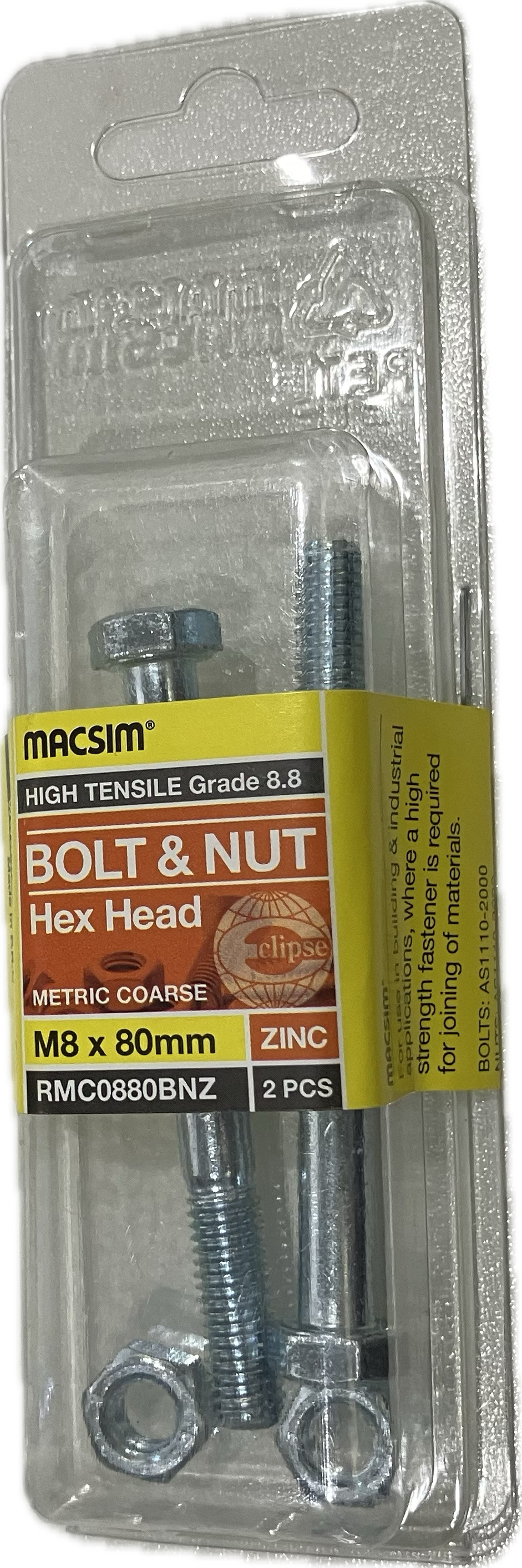 MACSIM HIGH TENSILE GRADE 8.8 HEX HEAD ZINC PLATED BOLT &NUT M8x80MM (BLISTER PACK OF 2)
