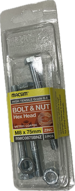 MACSIM HIGH TENSILE GRADE 8.8 HEX HEAD ZINC PLATED BOLT &NUT M8x75MM (BLISTER PACK OF 3)