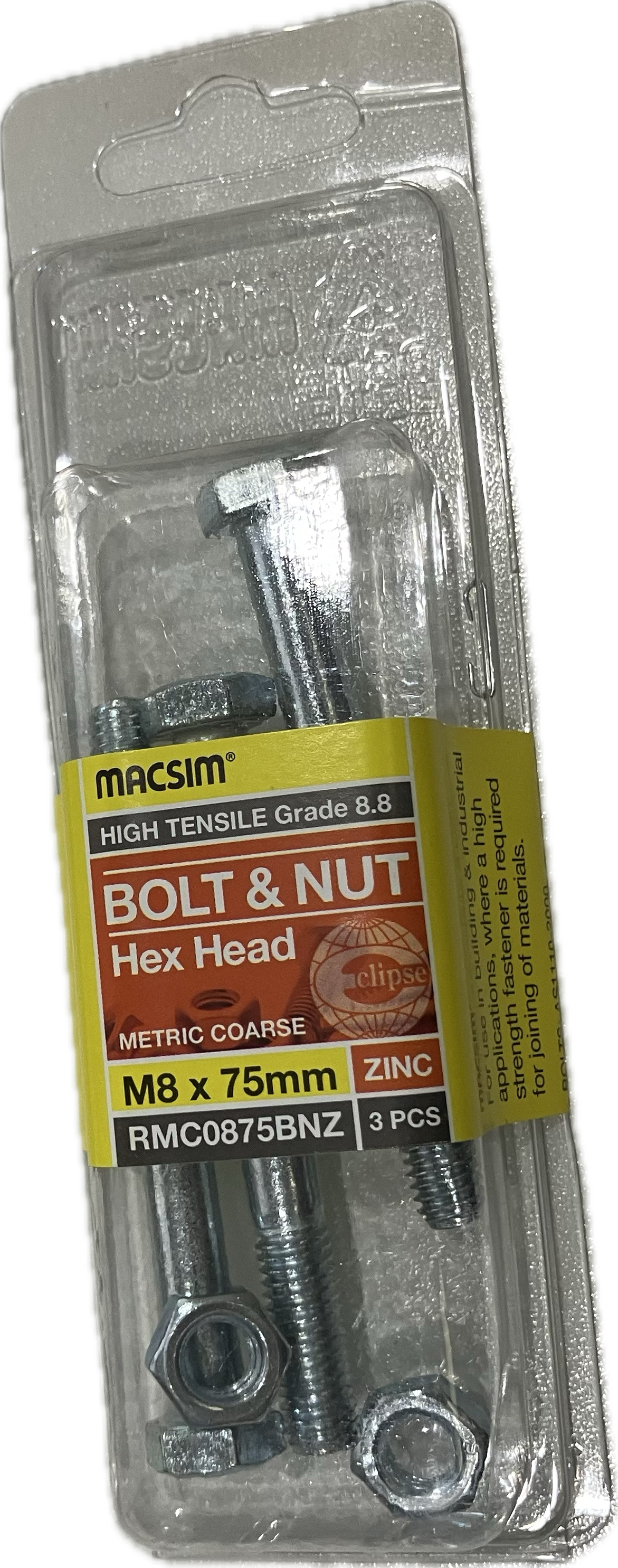 MACSIM HIGH TENSILE GRADE 8.8 HEX HEAD ZINC PLATED BOLT &NUT M8x75MM (BLISTER PACK OF 3)