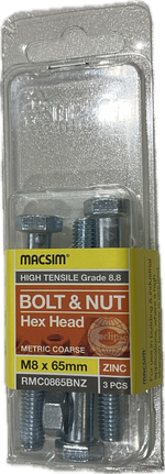 MACSIM HIGH TENSILE GRADE 8.8 HEX HEAD ZINC PLATED BOLT &NUT M8x65MM (BLISTER PACK OF 3)