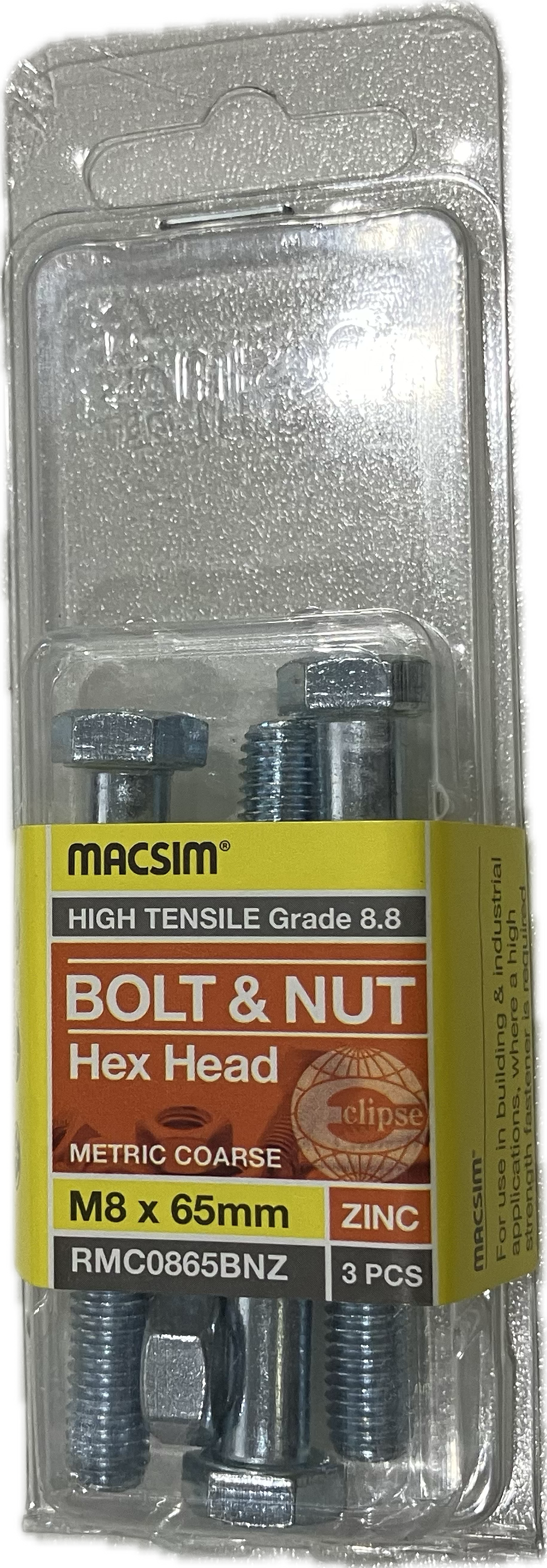 MACSIM HIGH TENSILE GRADE 8.8 HEX HEAD ZINC PLATED BOLT &NUT M8x65MM (BLISTER PACK OF 3)