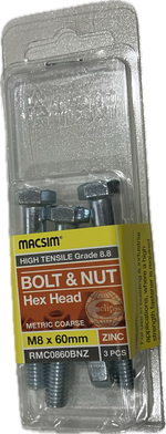 MACSIM HIGH TENSILE GRADE 8.8 HEX HEAD ZINC PLATED BOLT &NUT M8x60MM (BLISTER PACK OF 3)