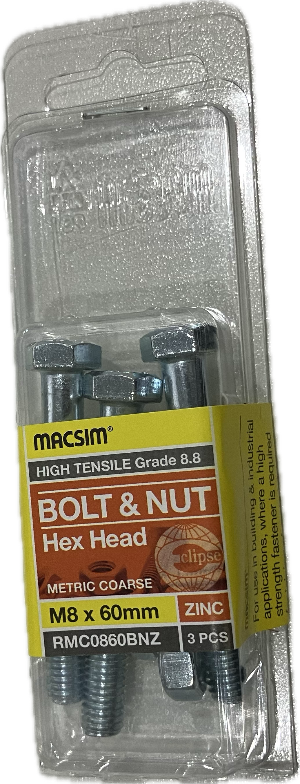 MACSIM HIGH TENSILE GRADE 8.8 HEX HEAD ZINC PLATED BOLT &NUT M8x60MM (BLISTER PACK OF 3)