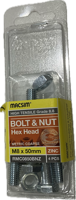 MACSIM HIGH TENSILE GRADE 8.8 HEX HEAD ZINC PLATED BOLT &NUT M8x50MM (BLISTER PACK OF 4)
