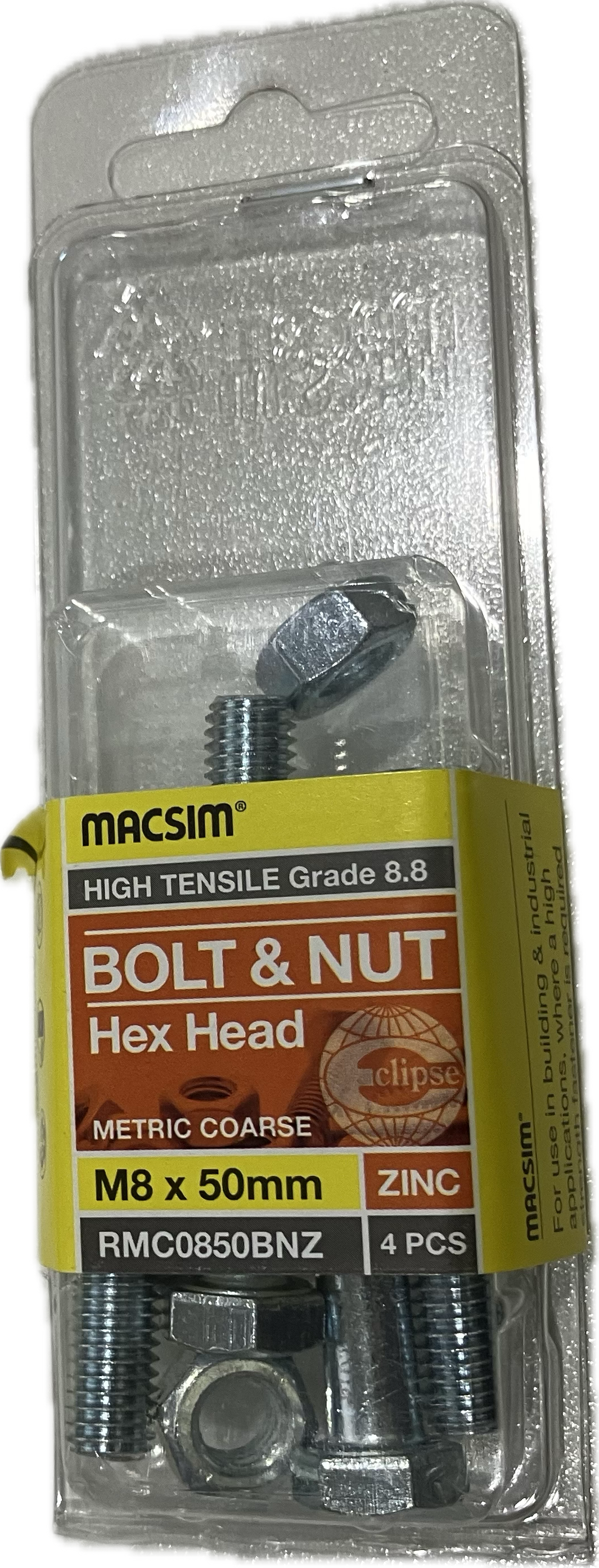 MACSIM HIGH TENSILE GRADE 8.8 HEX HEAD ZINC PLATED BOLT &NUT M8x50MM (BLISTER PACK OF 4)