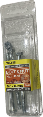 MACSIM HIGH TENSILE GRADE 8.8 HEX HEAD ZINC PLATED BOLT &NUT M6x80MM (BLISTER PACK OF 3)