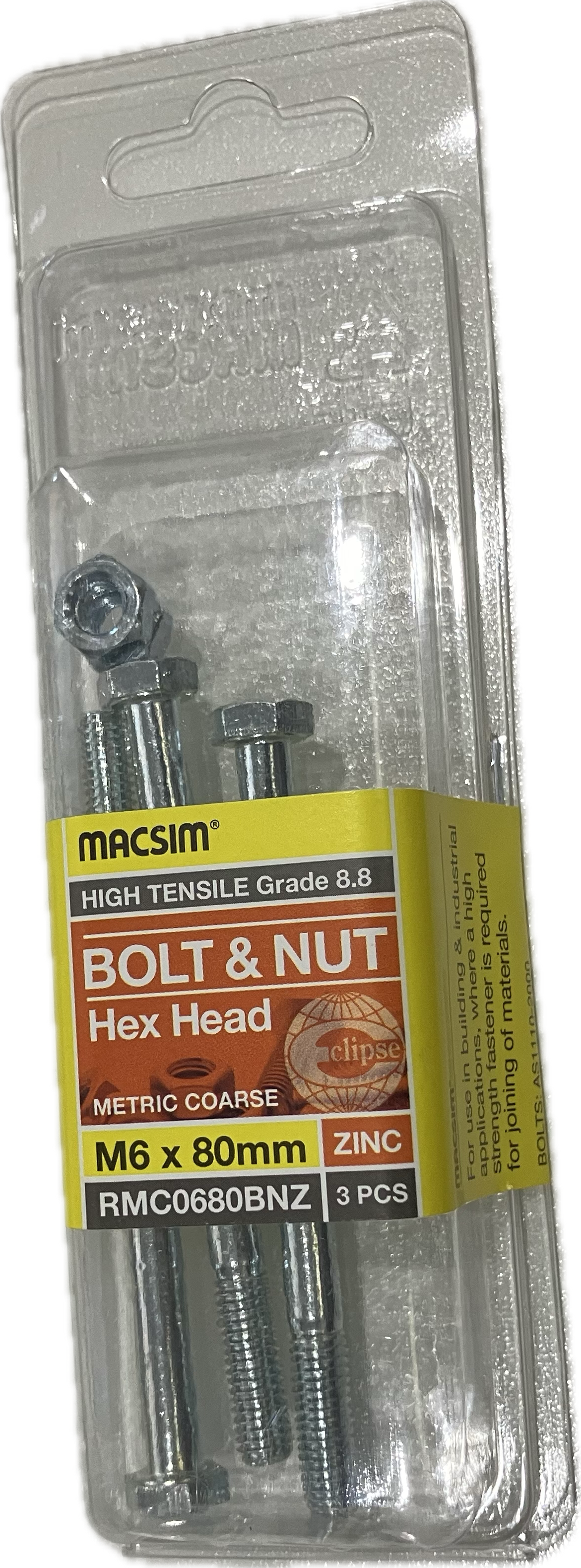 MACSIM HIGH TENSILE GRADE 8.8 HEX HEAD ZINC PLATED BOLT &NUT M6x80MM (BLISTER PACK OF 3)