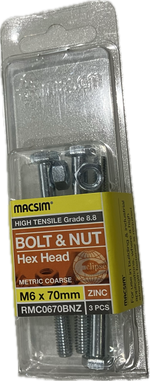 MACSIM HIGH TENSILE GRADE 8.8 HEX HEAD ZINC PLATED BOLT &NUT M6x70MM (BLISTER PACK OF 3)
