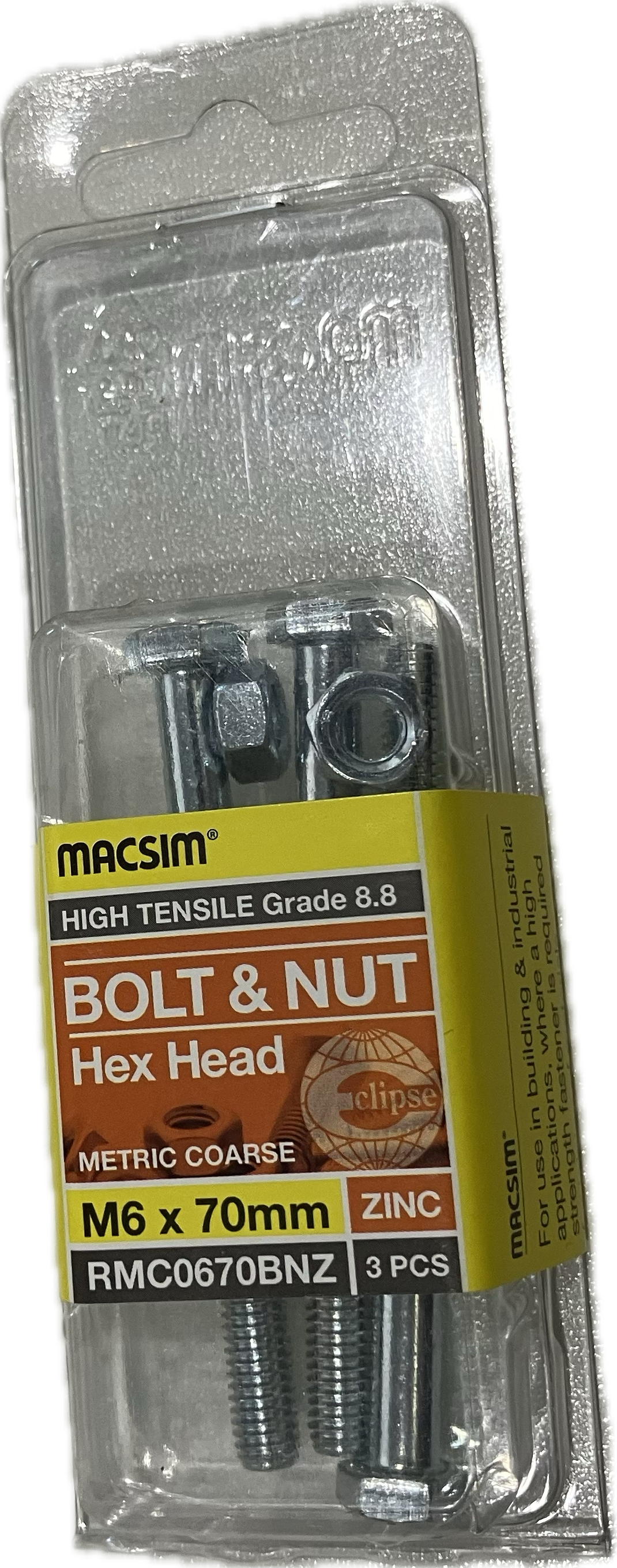 MACSIM HIGH TENSILE GRADE 8.8 HEX HEAD ZINC PLATED BOLT &NUT M6x70MM (BLISTER PACK OF 3)