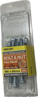 MACSIM HIGH TENSILE GRADE 8.8 HEX HEAD ZINC PLATED BOLT &NUT M6x60MM (BLISTER PACK OF 3)