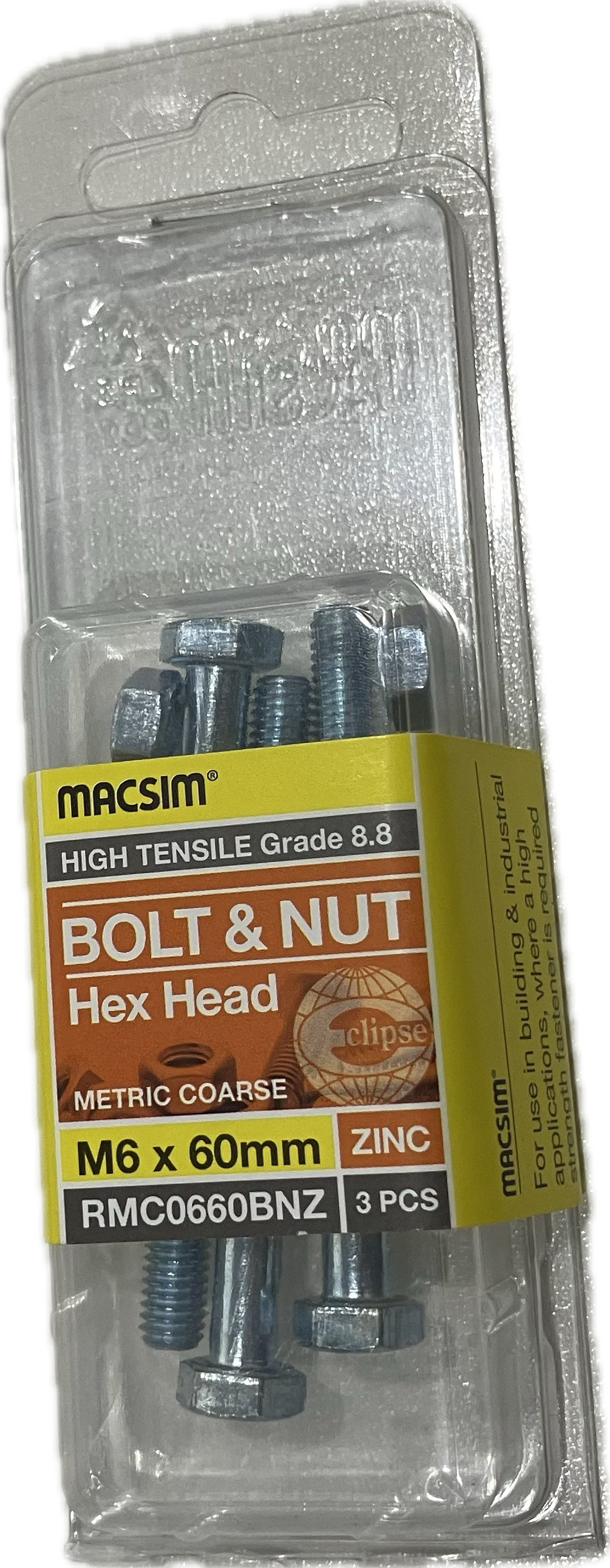 MACSIM HIGH TENSILE GRADE 8.8 HEX HEAD ZINC PLATED BOLT &NUT M6x60MM (BLISTER PACK OF 3)