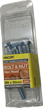 MACSIM HIGH TENSILE GRADE 8.8 HEX HEAD ZINC PLATED BOLT &NUT M6x50MM (BLISTER PACK OF 5)