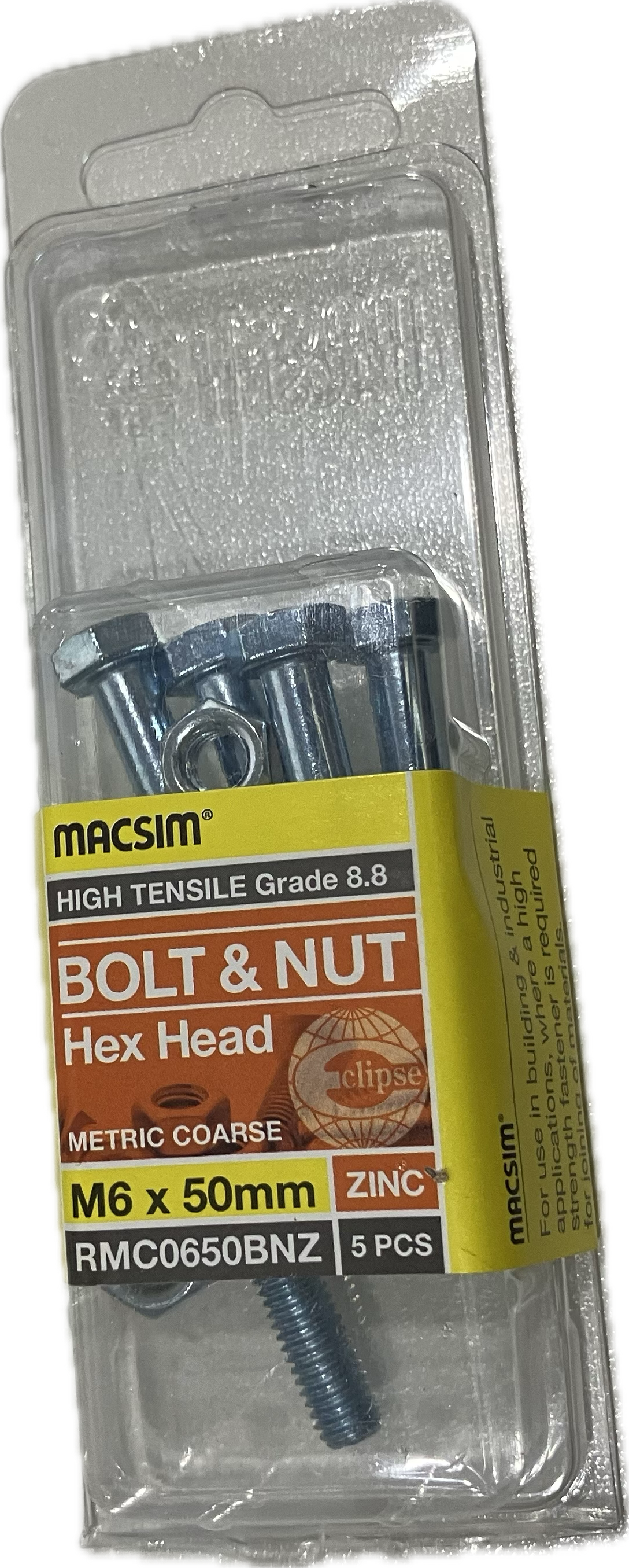 MACSIM HIGH TENSILE GRADE 8.8 HEX HEAD ZINC PLATED BOLT &NUT M6x50MM (BLISTER PACK OF 5)