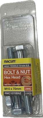 MACSIM HIGH TENSILE GRADE 8.8 HEX HEAD ZINC PLATED BOLT &NUT M10x70MM (BLISTER PACK OF 2)