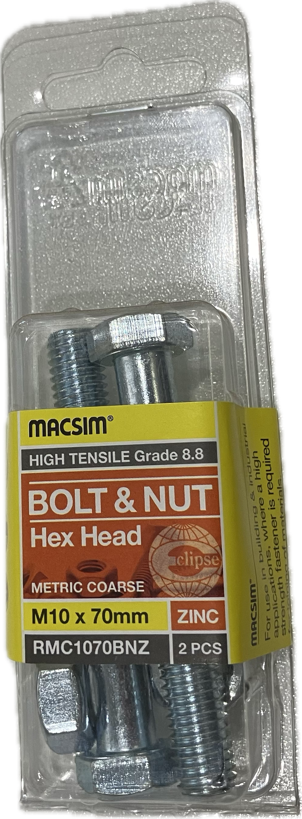 MACSIM HIGH TENSILE GRADE 8.8 HEX HEAD ZINC PLATED BOLT &NUT M10x70MM (BLISTER PACK OF 2)