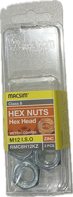 MACSIM HEX HEAD MATRIC COARSE CLASS 8 ZINC PLATED M12 HEX NUT (BLISTER PACK OF 3)