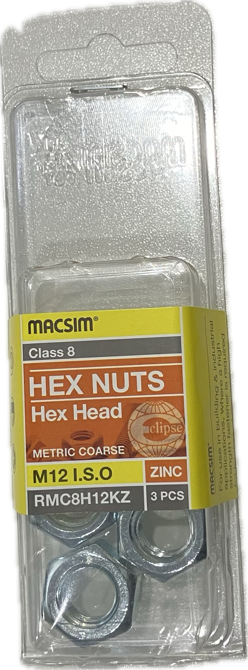 MACSIM HEX HEAD MATRIC COARSE CLASS 8 ZINC PLATED M12 HEX NUT (BLISTER PACK OF 3)