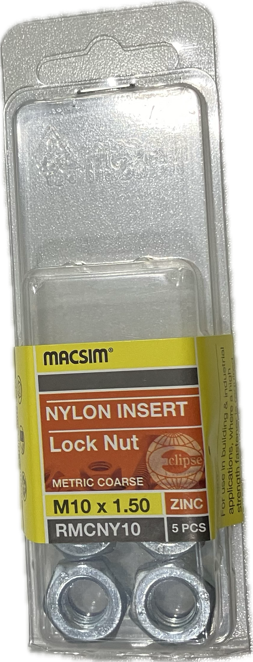 MACSIM HEX HEAD MATRIC COARSE NYLON INSERT ZINC PLATED M10 LOCK NUT (BLISTER PACK OF 5)