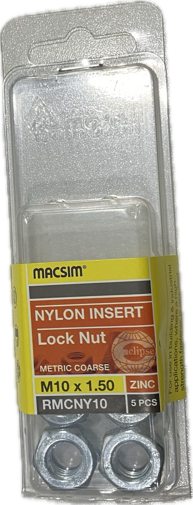 MACSIM HEX HEAD MATRIC COARSE NYLON INSERT ZINC PLATED M10 LOCK NUT (BLISTER PACK OF 5)