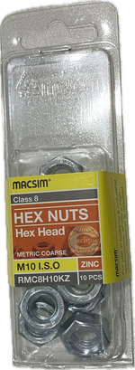 MACSIM HEX HEAD MATRIC COARSE CLASS 8 ZINC PLATED M10 HEX NUT (BLISTER PACK OF 10)